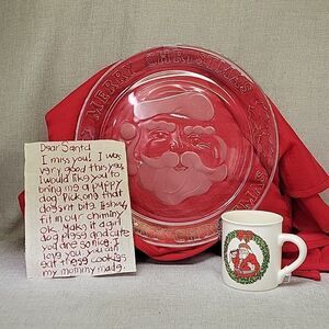 Anchor Hocking 12" Glass Merry Christmas Santa Platter, mug and letter to Santa